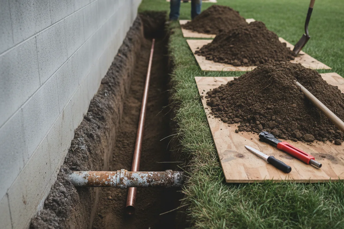 Excavated water line trench during Water Softener Installation in Winchendon